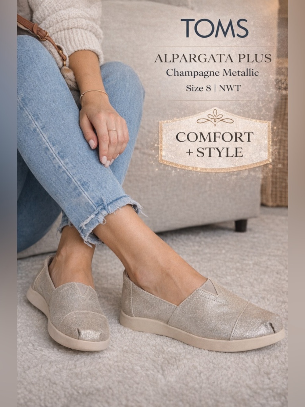 TOMS Alpargata Plus Champagne Metallic Suede Slip-On Shoes – Size 8 – NWT